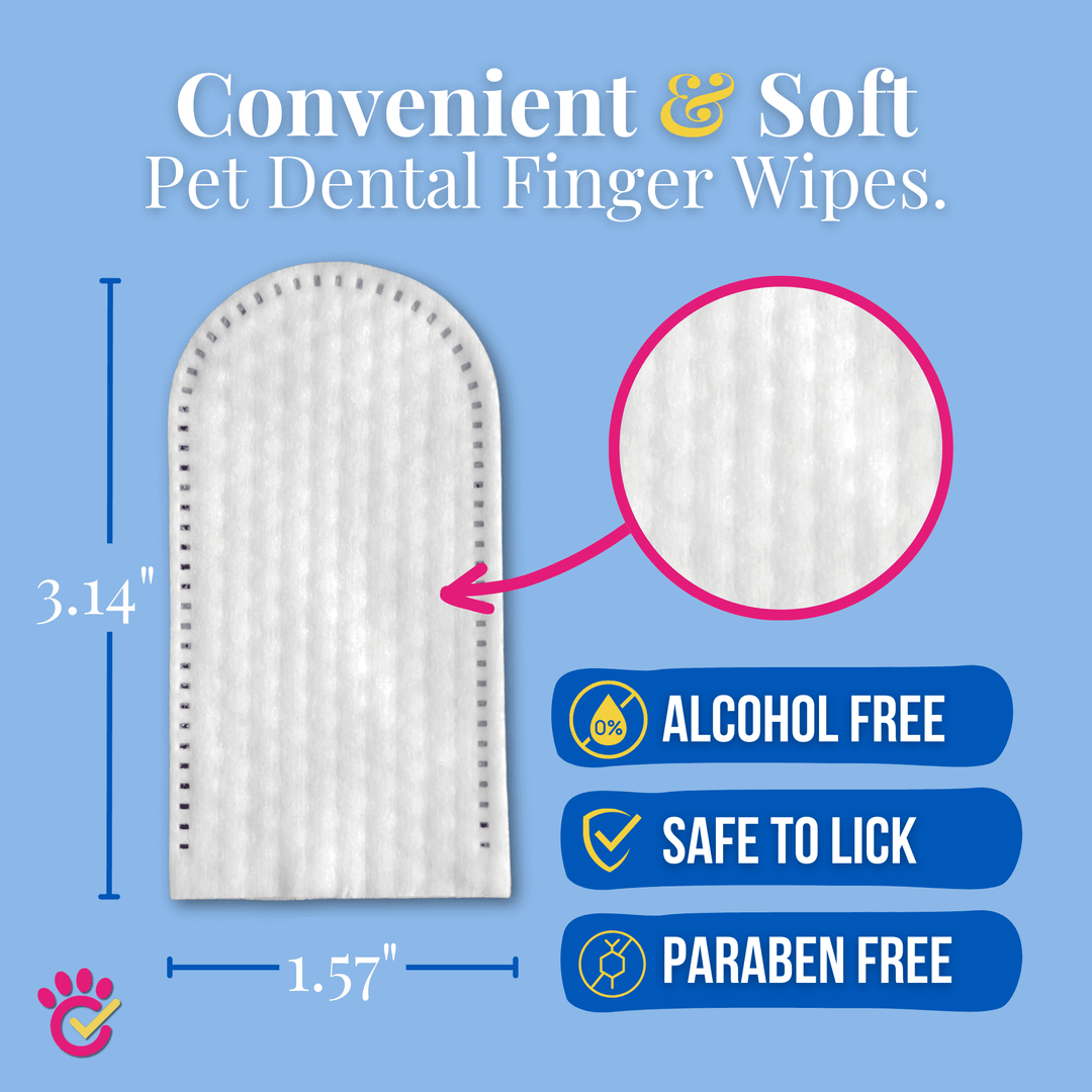 Pet dental finger wipe showing dimensions and features like alcohol-free, safe to lick, and paraben-free properties.