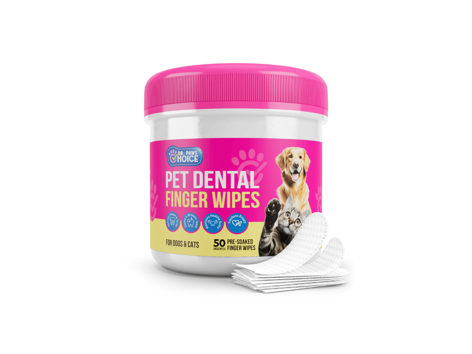Pet dental finger wipes for dogs and cats in a pink container, shown with a stack of white wipes for dental hygiene.