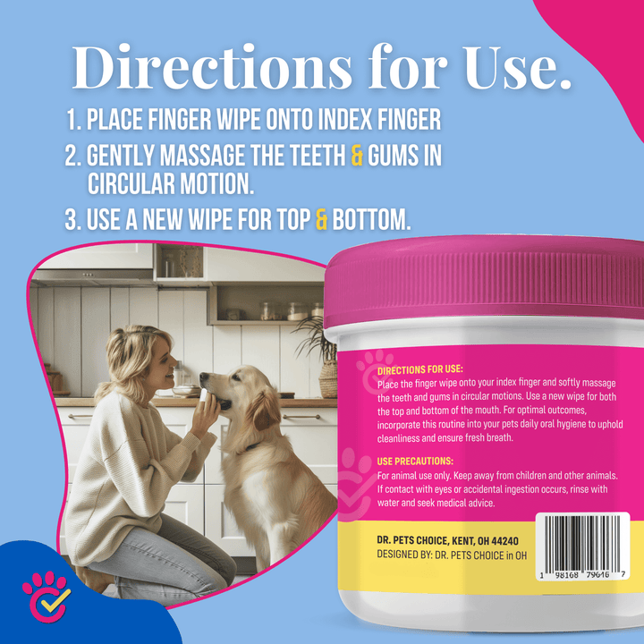 Directions for using Dr. Paws Choice Pet Dental Finger Wipes for dogs and cats, featuring a woman cleaning a dog's teeth.