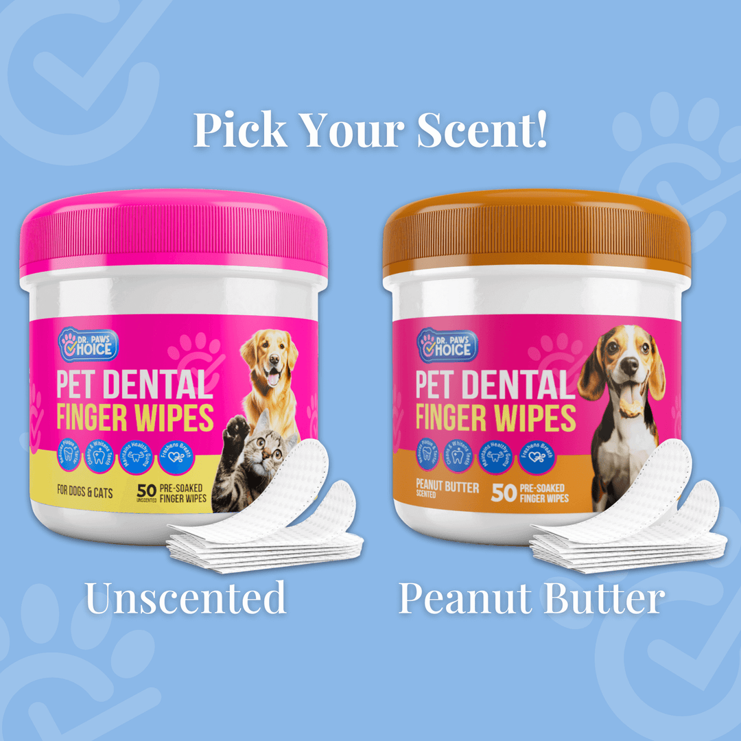 Pet dental finger wipes in unscented and peanut butter varieties for dogs and cats, promoting oral health with natural ingredients.