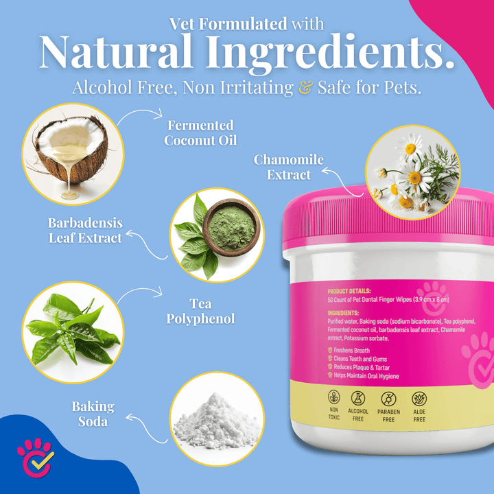 Pet dental finger wipes with natural ingredients like coconut oil, chamomile, and baking soda, gentle and safe for pets' oral health.