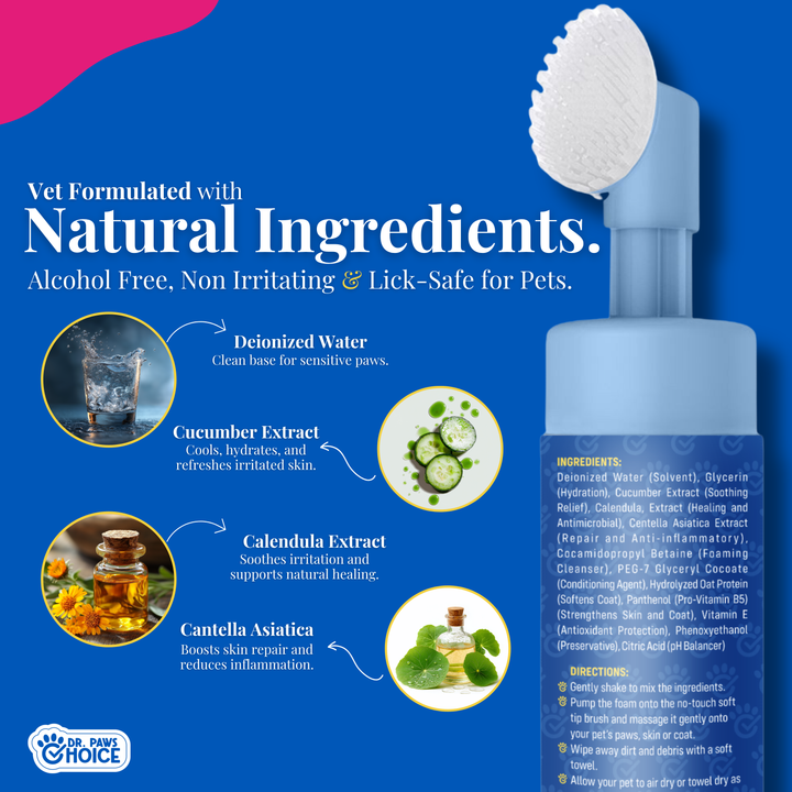 Paw Cleansing Foam Dog Paw Cleaner – Lick-Safe, Hydrating Formula with Built-In Brush Head