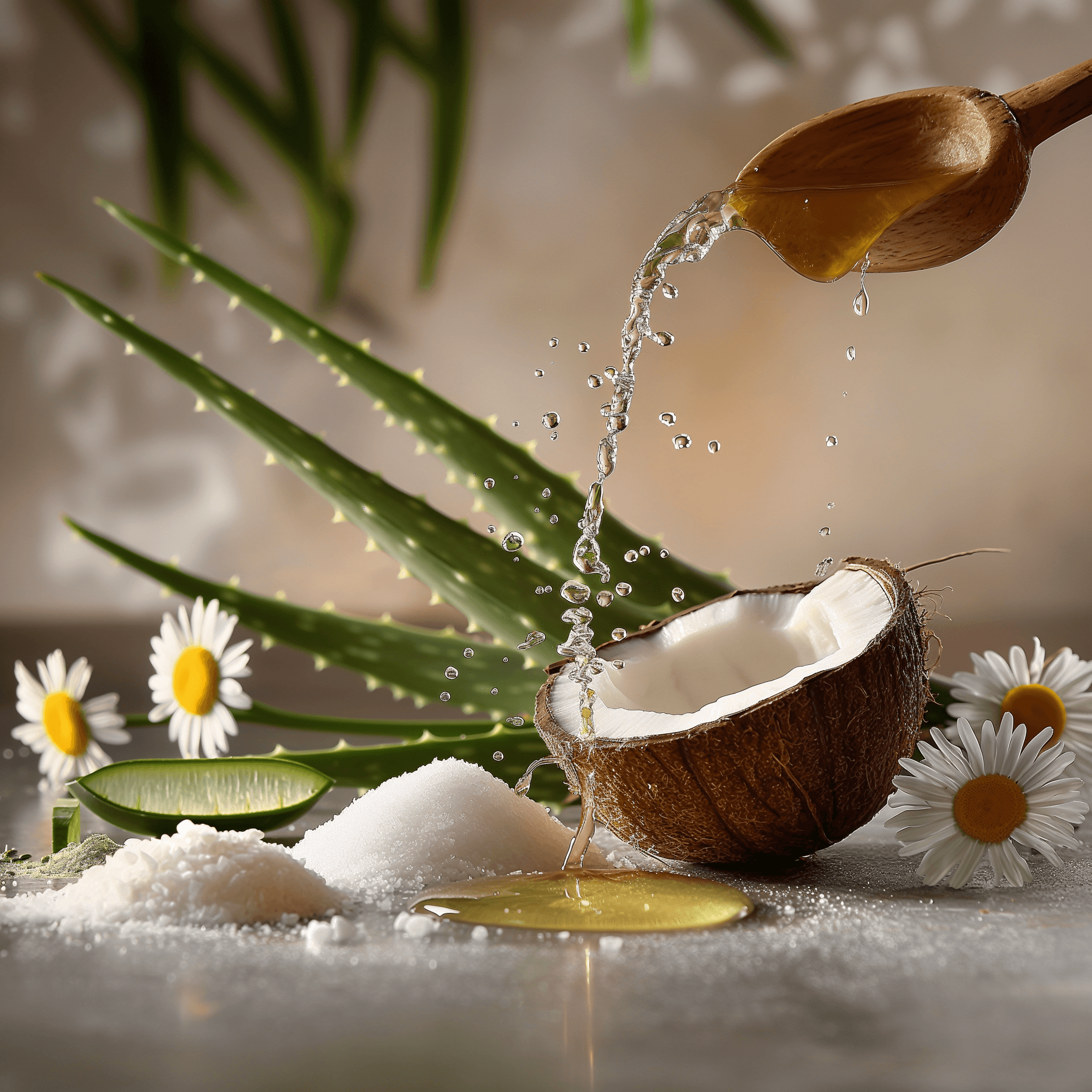 Natural skincare ingredients: coconut, aloe vera, daisy flowers, sugar, and honey for beauty treatments on a marble background.