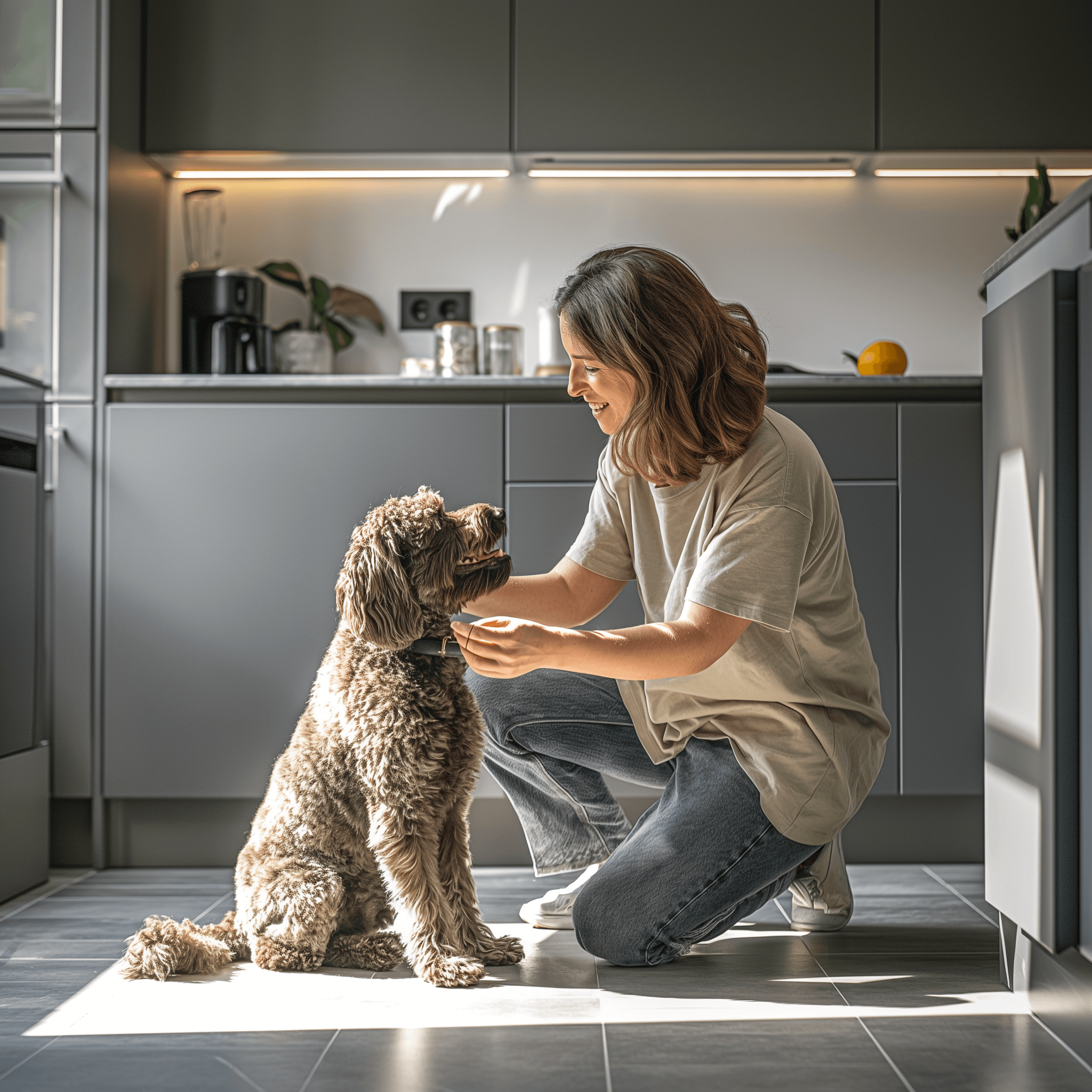 Woman petting a fluffy dog in a modern kitchen, sunlight streaming through a window, creating a warm and cozy atmosphere.